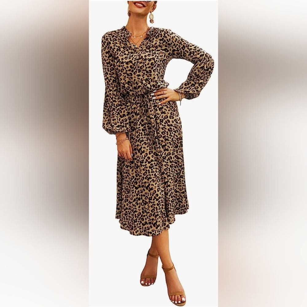 Leopard button down A line drawstring midlength dress